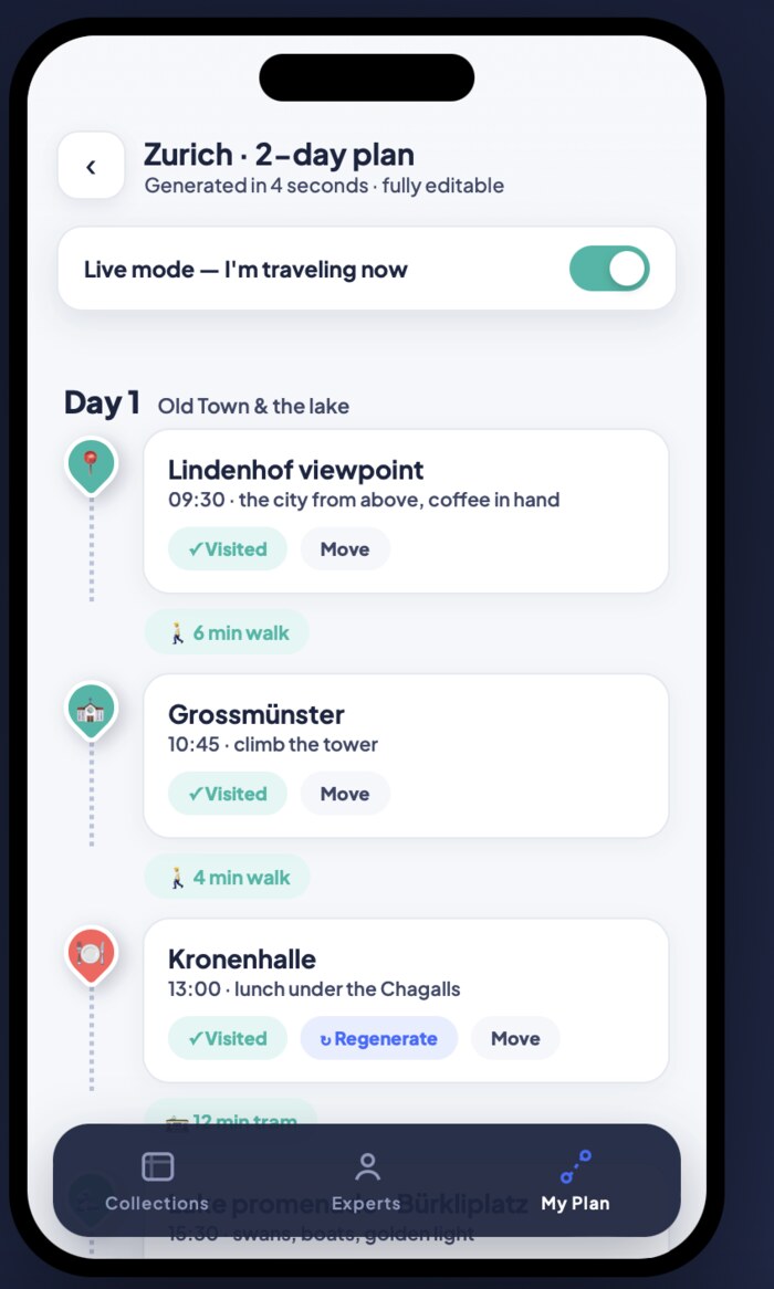 Planitum live plan view for Zurich with a regenerate option on a restaurant stop